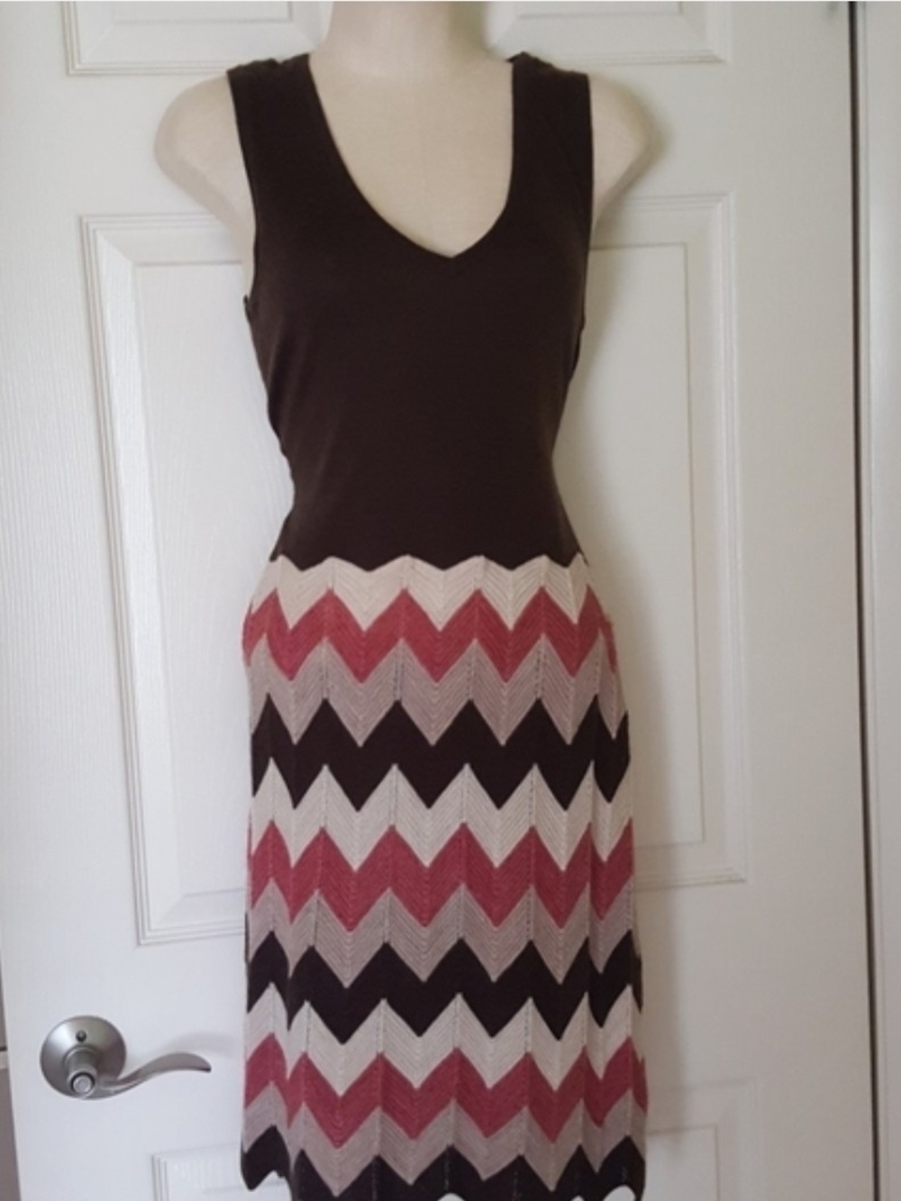 BCBGMaxAzria Brown, Pink, Cream Chevron Knit Dress - XS